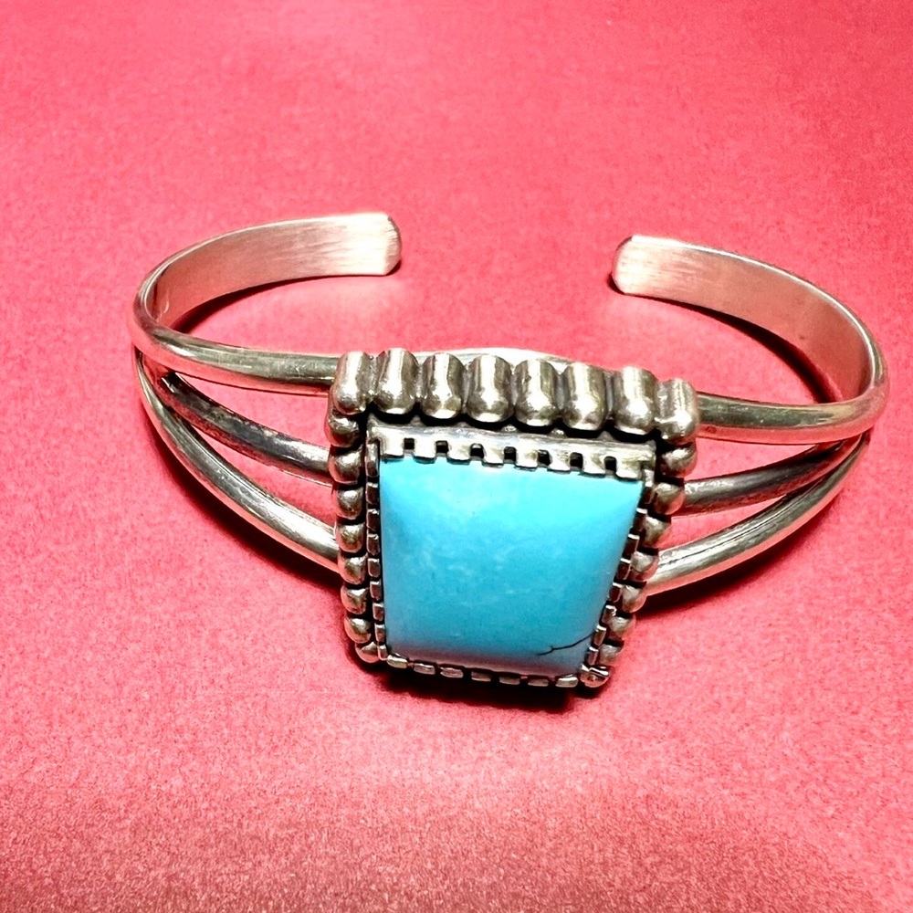 Vintage Sterling Silver turquoise Navajo cuff Bracelet by Carol Felley.